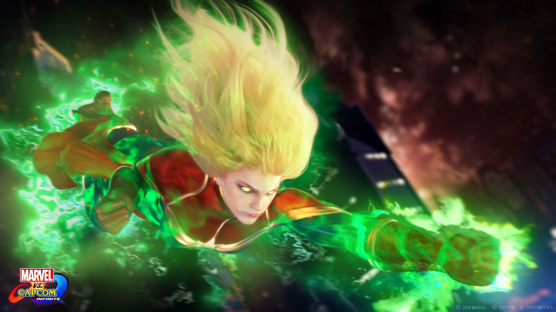Marvel vs. Capcom Infinite-Spielkunst. Weiblicher Charakter fliegt.