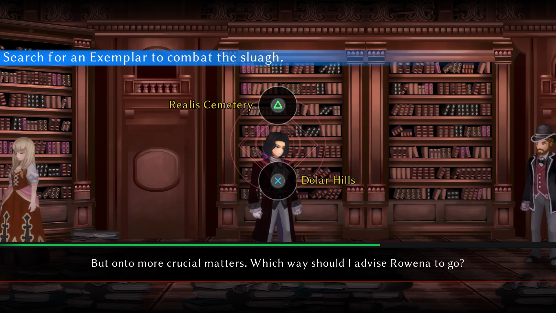 Scena z gry: Wnętrze biblioteki, postacie, pole tekstowe.