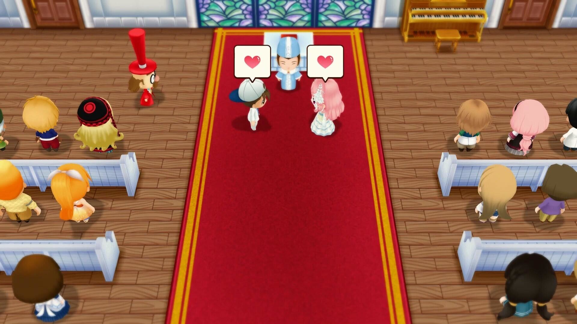 Scena ślubu: Para z ikonami serca, goście w ławkach, czerwona alejka, witraż, organy.