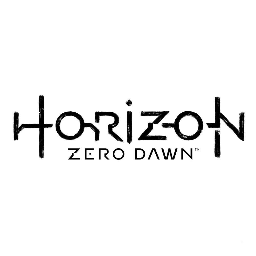 Logo Horizon Zero Dawn, z czarnym tekstem na białym tle. Tekst jest stylizowany.