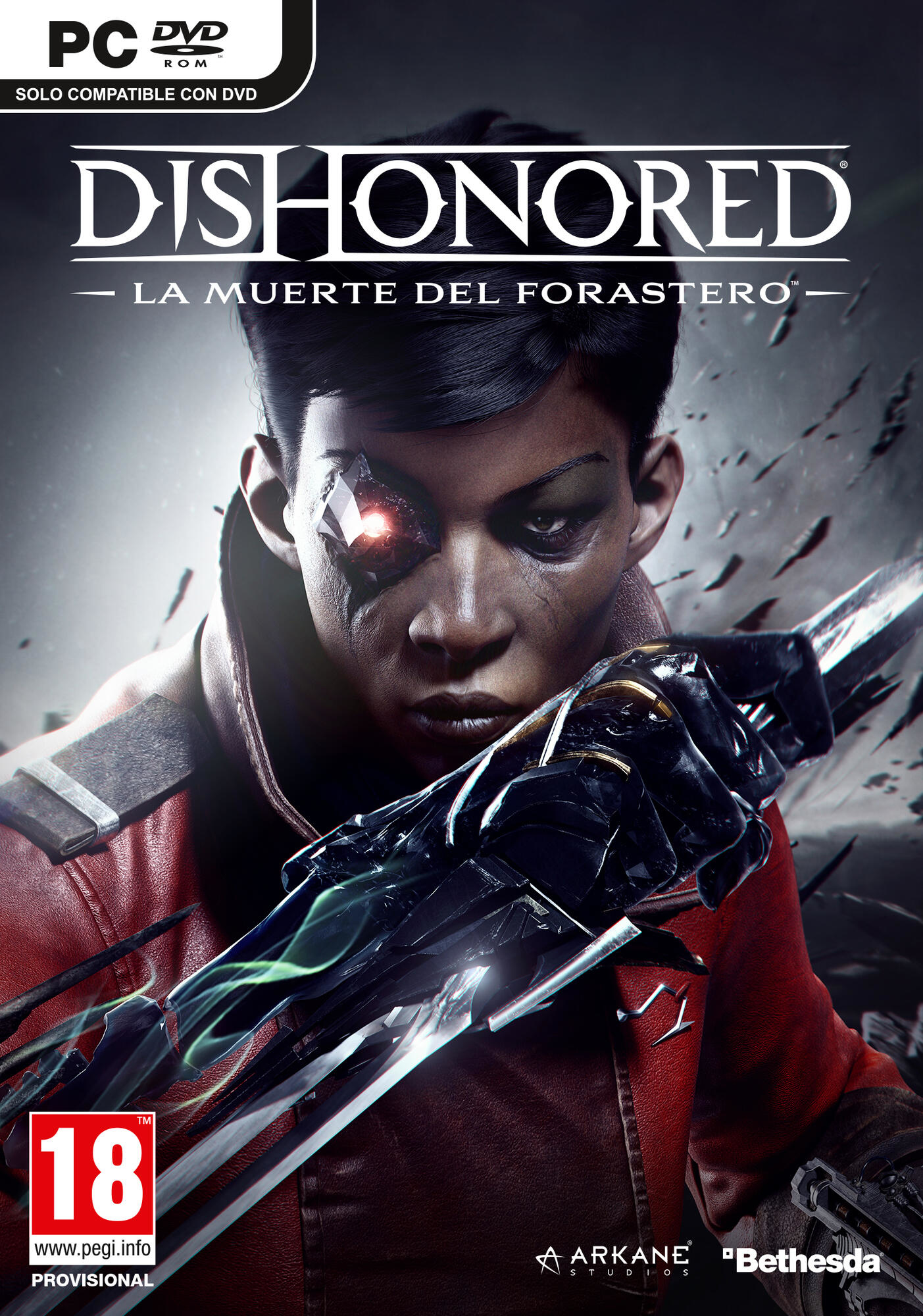 Dishonored: La Muerte del Forastero, okładka gry. Kobieta z mieczem jest w centrum uwagi.