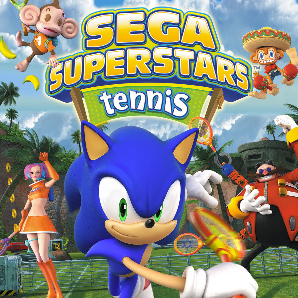 Okładka gry Sega Superstars Tennis z Soniciem, małpami i damą. Motyw tenisa z zielonym tłem.