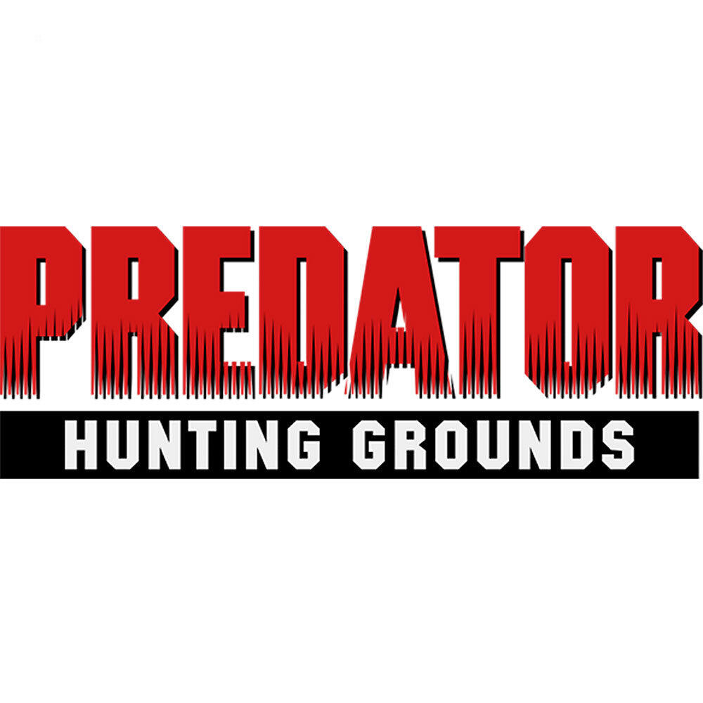 Logo Predator: Hunting Grounds z czerwonym tekstem na czarnym tle. Słowa są ułożone jeden na drugim.