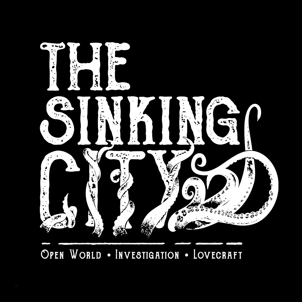 Słowa "The Sinking City" w białej, gotyckiej czcionce na czarnym tle.