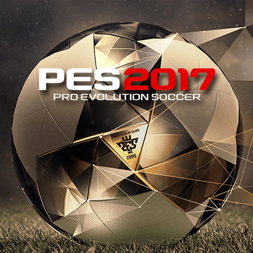 Okładka gry PES 2017. Piłka nożna z logo gry jest na środku.