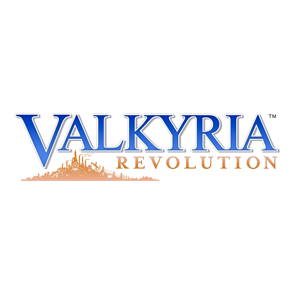 Logo Valkyria Revolution z wystylizowanym zamkiem i hasłem na białym tle.