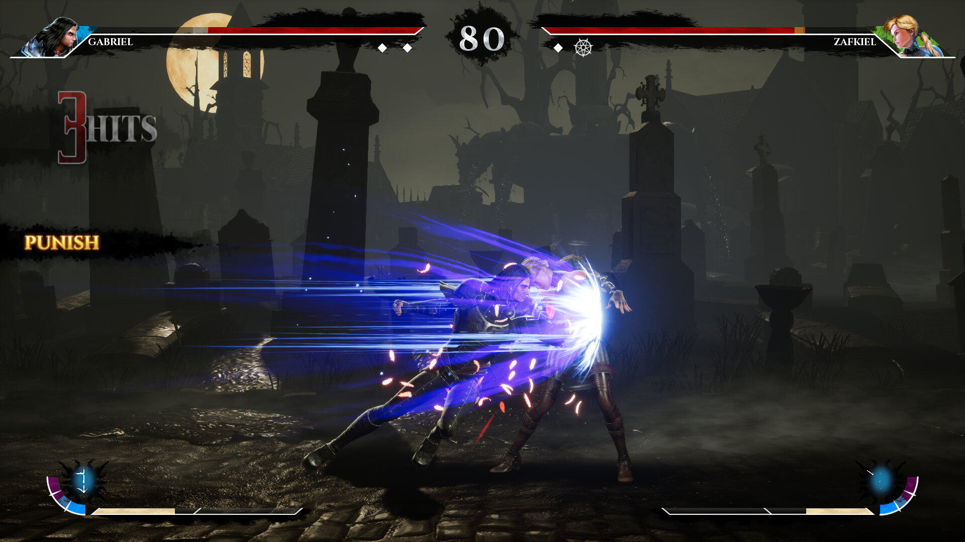 Una scena di un gioco di combattimento. Due personaggi stanno combattendo. Uno viene colpito da un'esplosione di energia blu. Sfondo del cimitero.