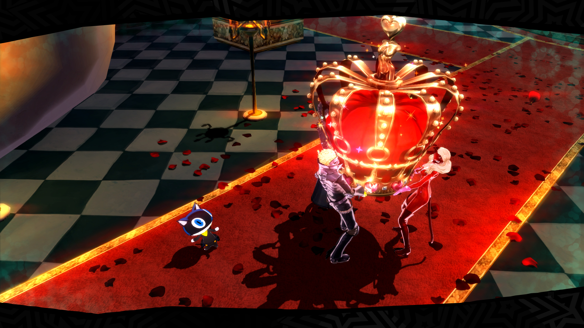 Persona 5 Royal-Szene. Zwei Charaktere mit einer Krone. Ein katzenartiges Maskottchen ist auch vorhanden.