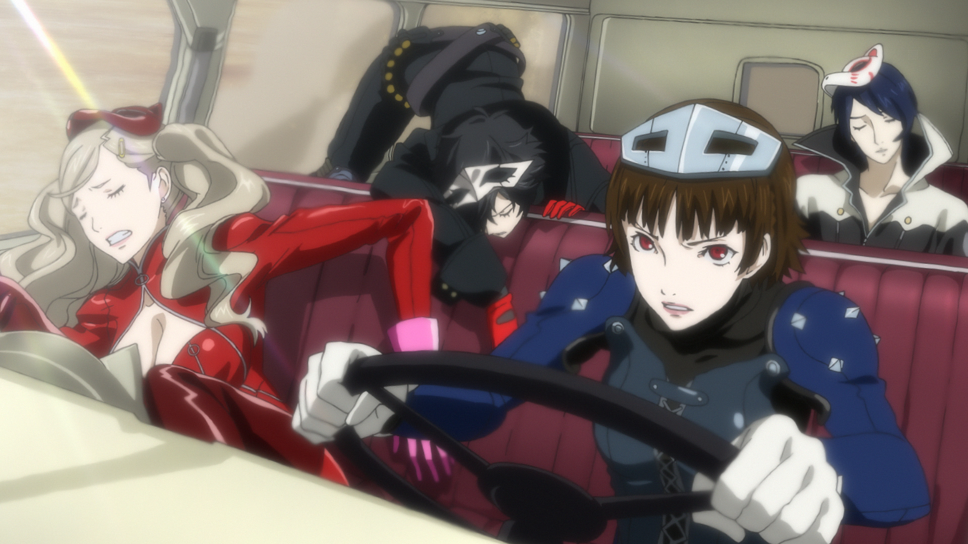 Gruppe von Anime-Charakteren in einem Auto. Einer fährt, andere sind Passagiere; eine chaotische Szene im Auto.