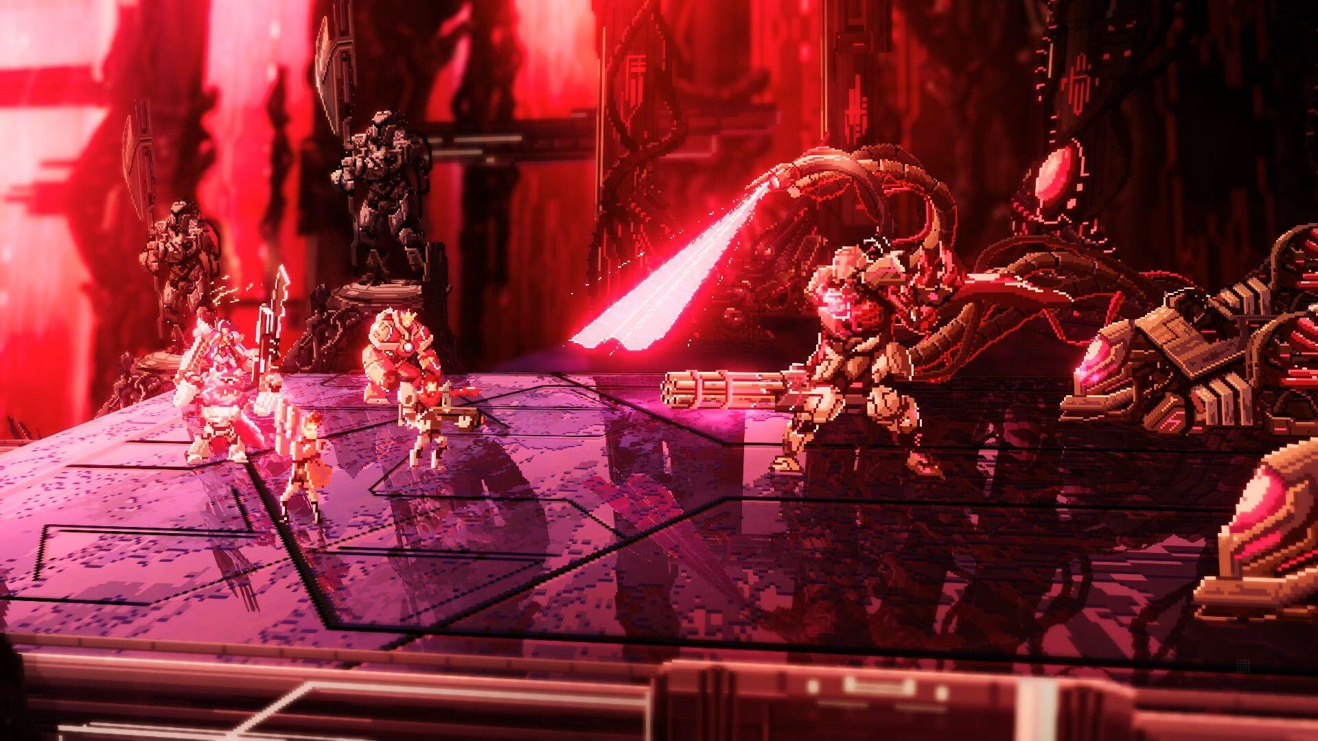 Spikselowana scena science-fiction z żołnierzami i robotami. Jeden robot strzela laserem. Czerwone tony dominują.