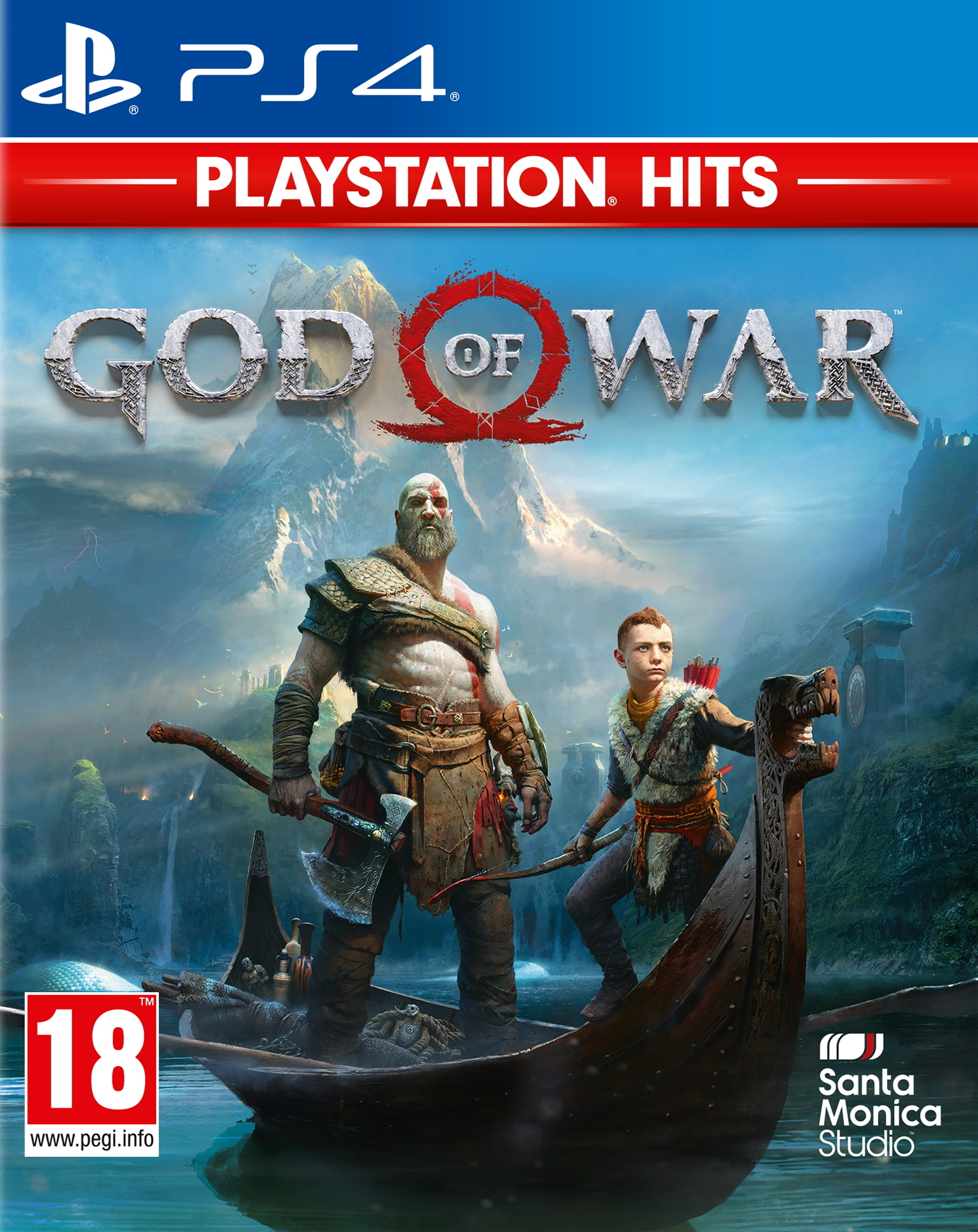 Okładka gry God of War z Kratosem i jego synem w łodzi. Tytuł gry jest widoczny.