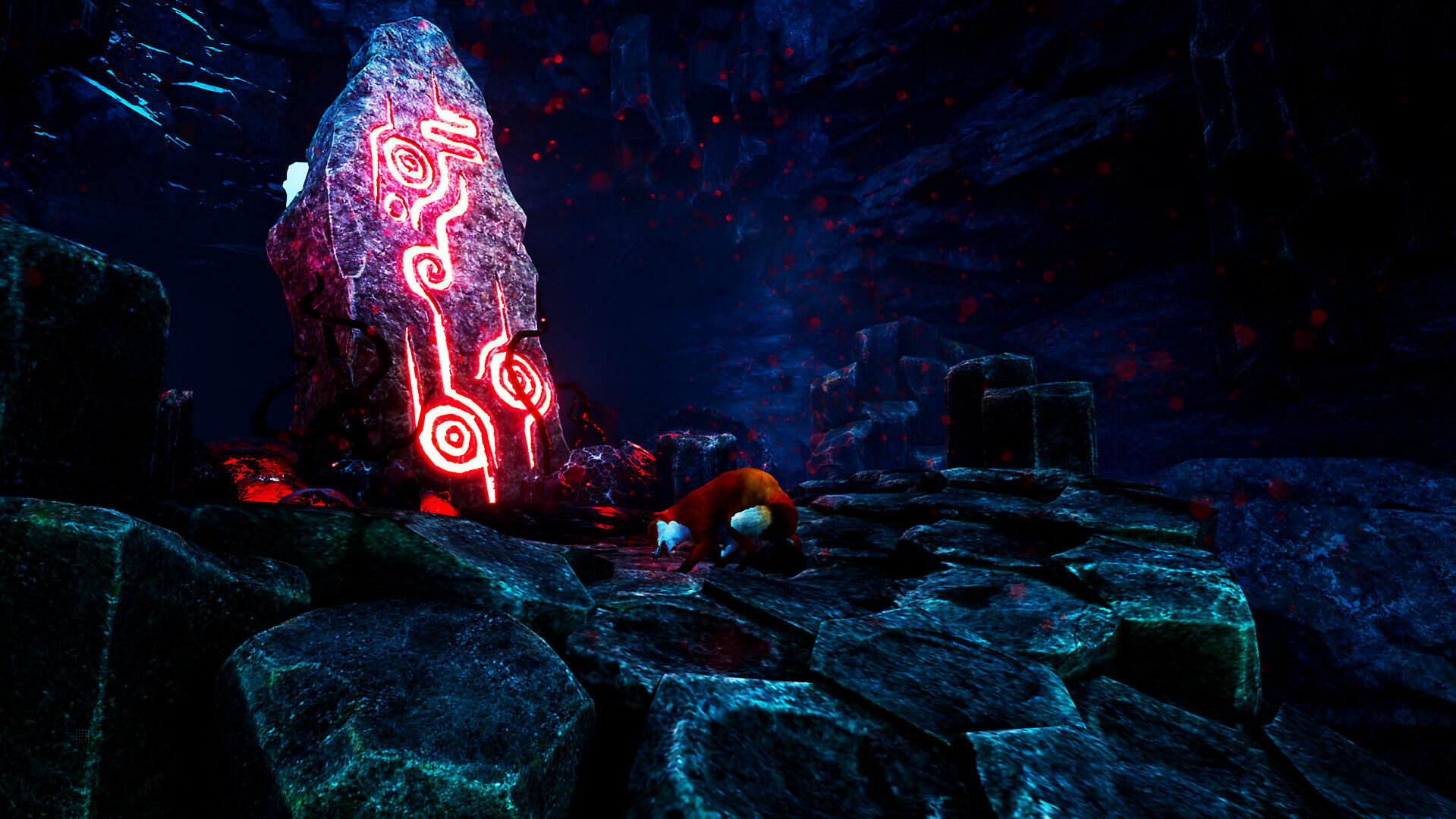 Czerwono świecący kamień z symbolami w ciemnej jaskini z lisem.