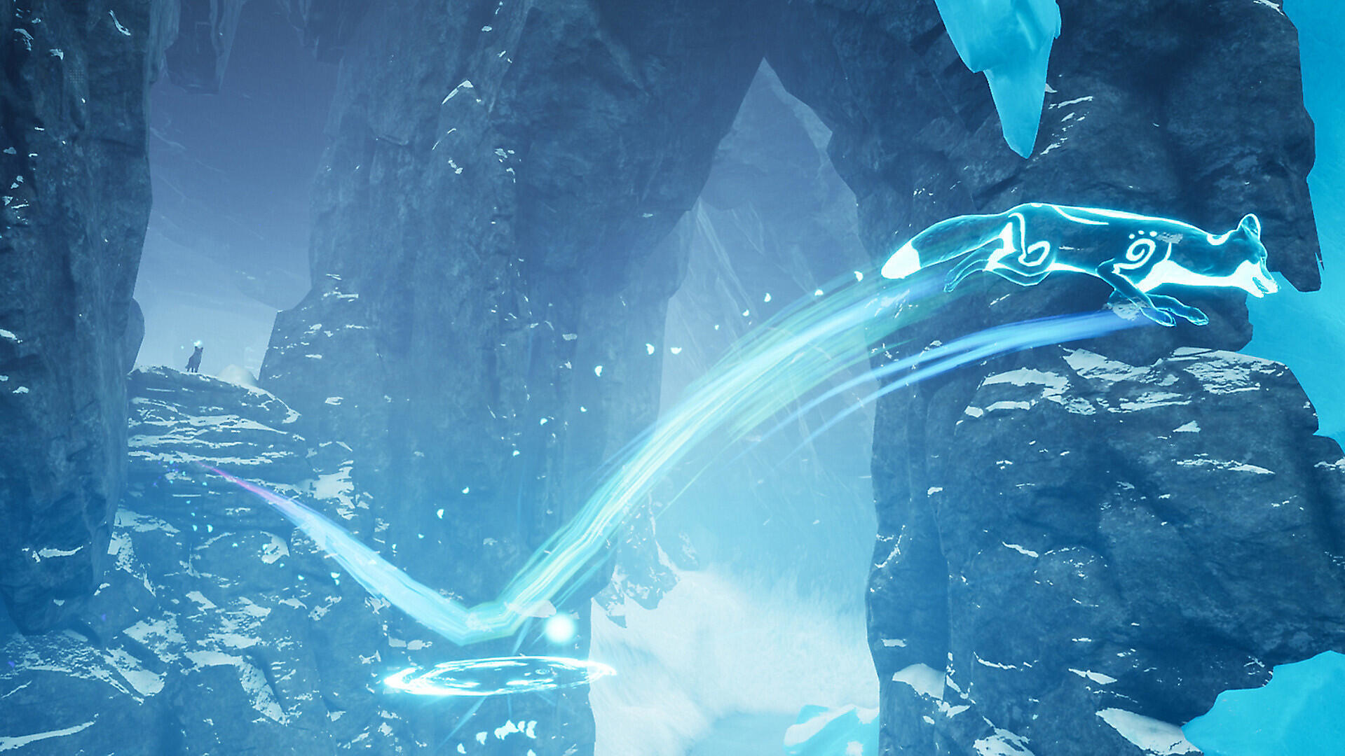 Świecący lis skacze w powietrzu w zaśnieżonym krajobrazie. Niebieskie smugi światła.