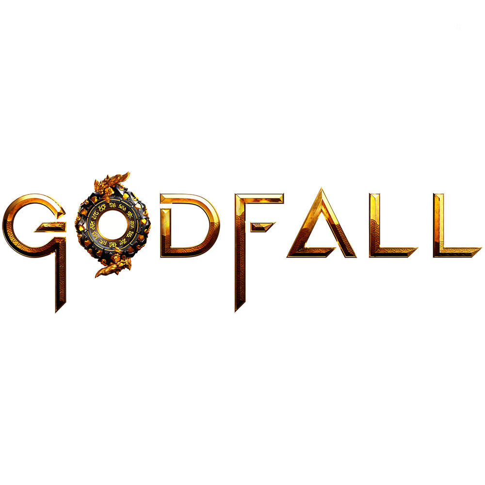 Logotipo de Godfall en oro, un diseño estilizado con un emblema circular y una fuente en negrita sobre fondo blanco.