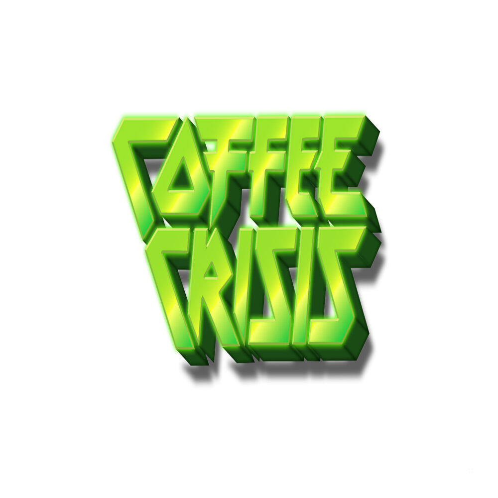 Zielony tekst 3D z napisem Coffee Crisis na białym tle.