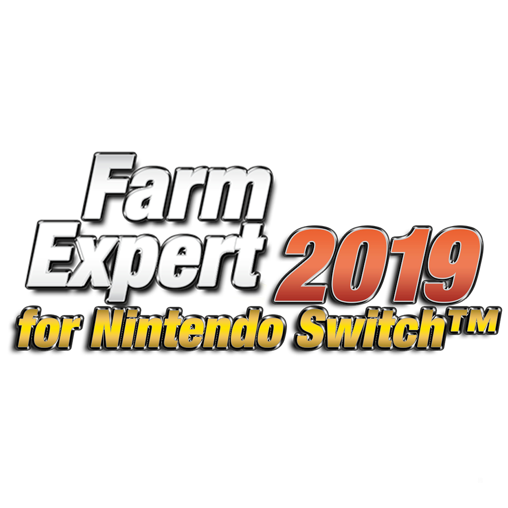 Logo gry, "Farm Expert 2019" w kolorze białym i srebrnym, pomarańczowe '2019' i "for Nintendo Switch" w kolorze żółtym.