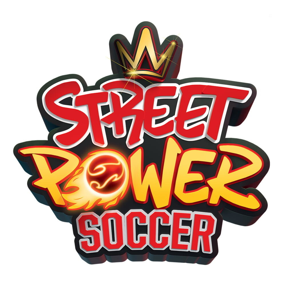 Logo 'Street Power Soccer'. Korona, czerwony tekst, piłka nożna w ogniu i czarne tło.
