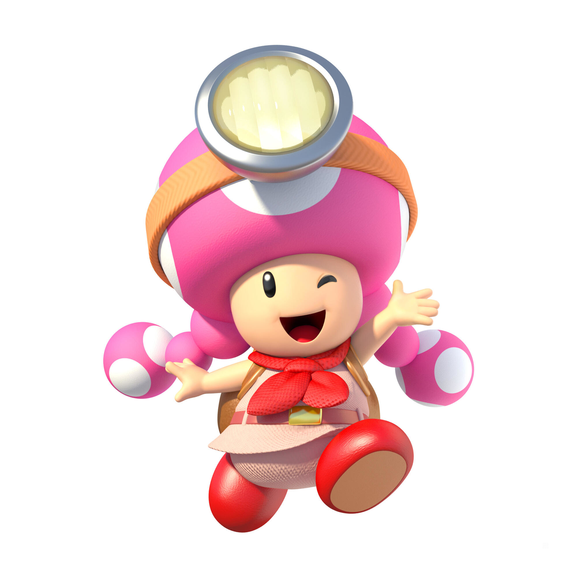 Toadette z serii Mario, mrugająca i uśmiechnięta, z różowym kapeluszem w kształcie grzyba i czerwonymi butami.