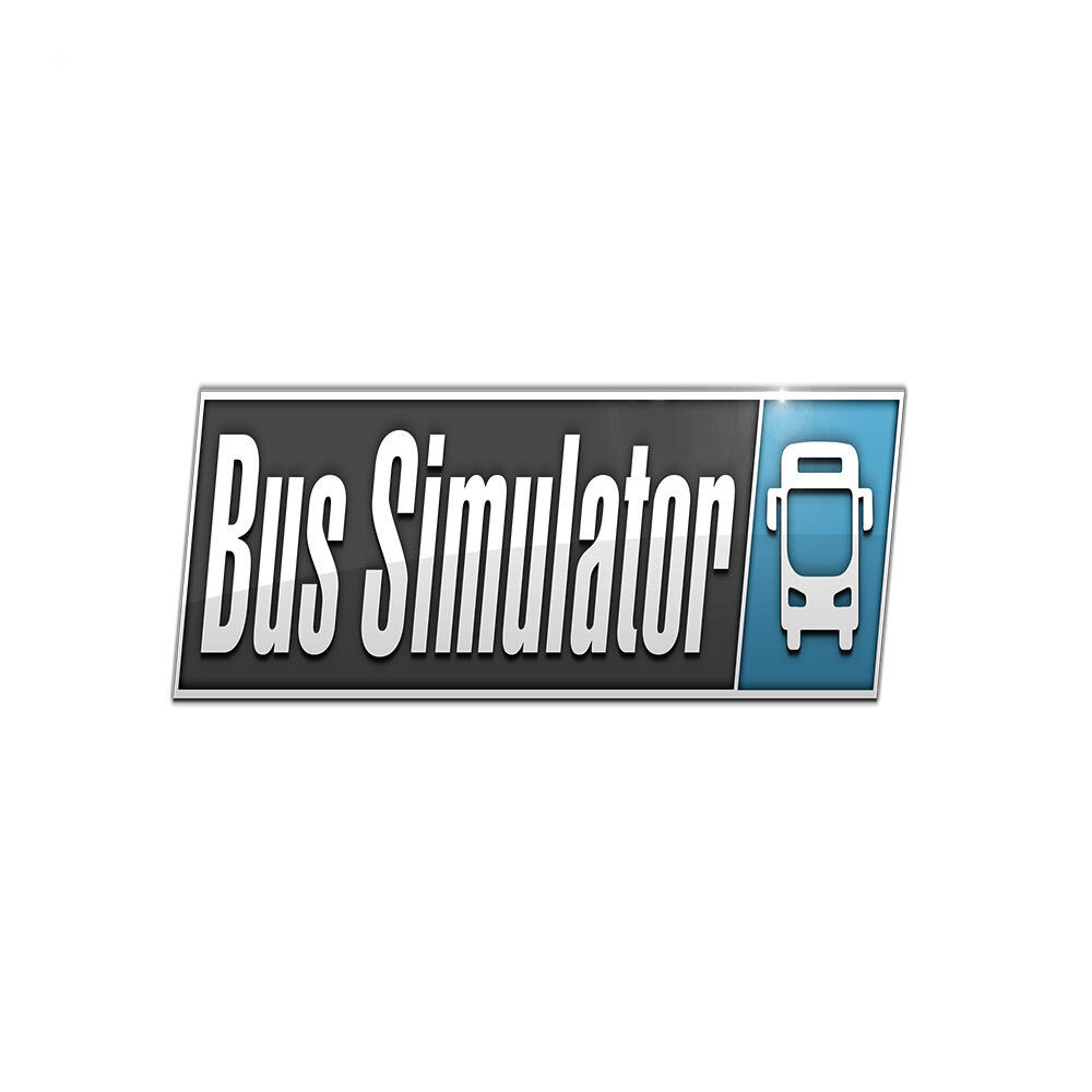 Logo Bus Simulator. Biały tekst na czarnym tle z ikoną autobusu.