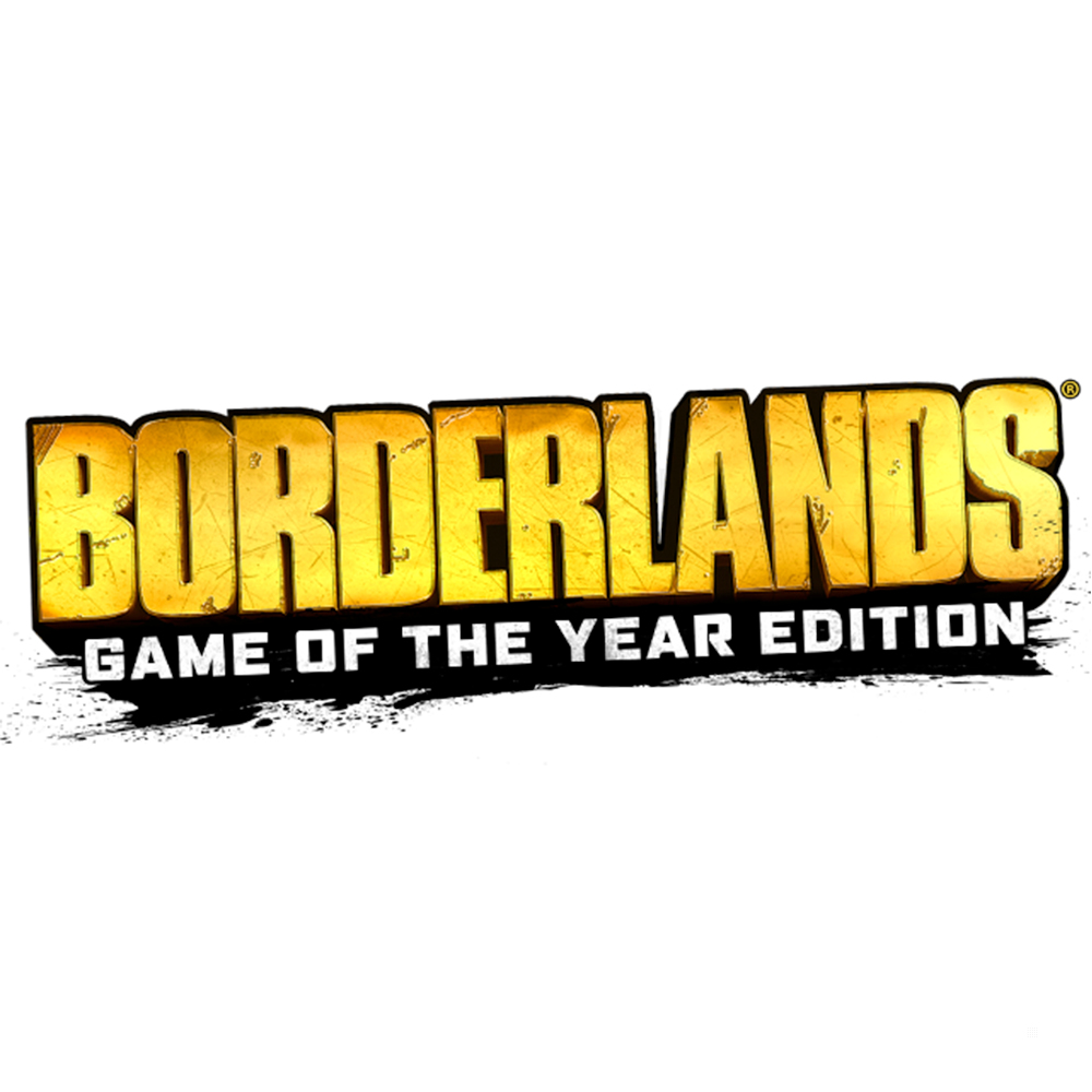 Logo di Borderlands Game of the Year Edition in lettere dorate su sfondo bianco.