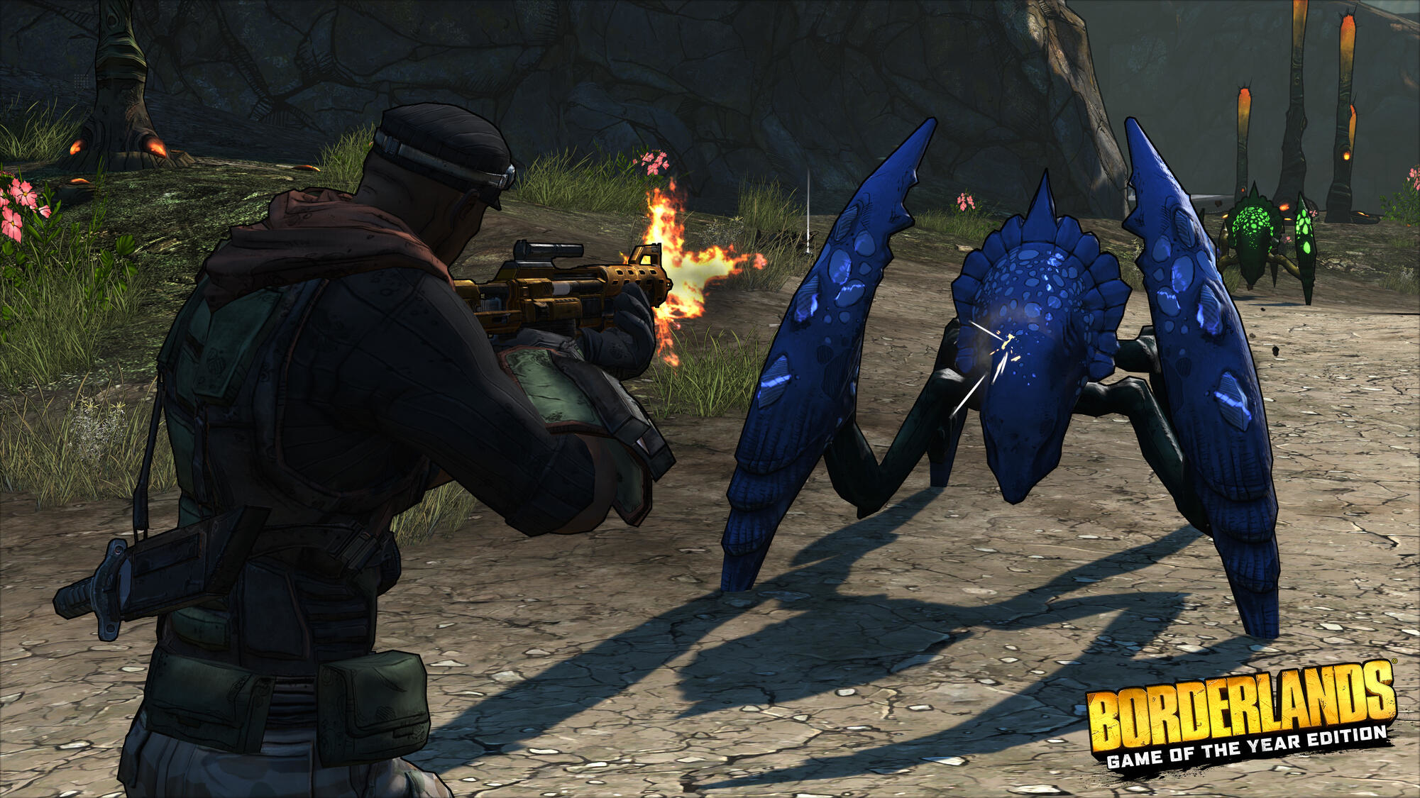 Un uomo spara a una creatura simile a un insetto in un'ambientazione di Borderlands.