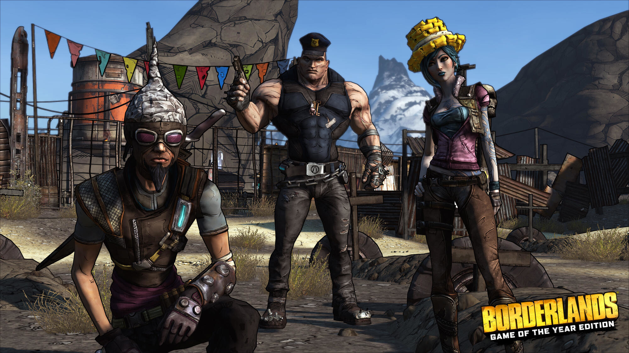 Tre personaggi in piedi nel deserto. Gioco Borderlands.
