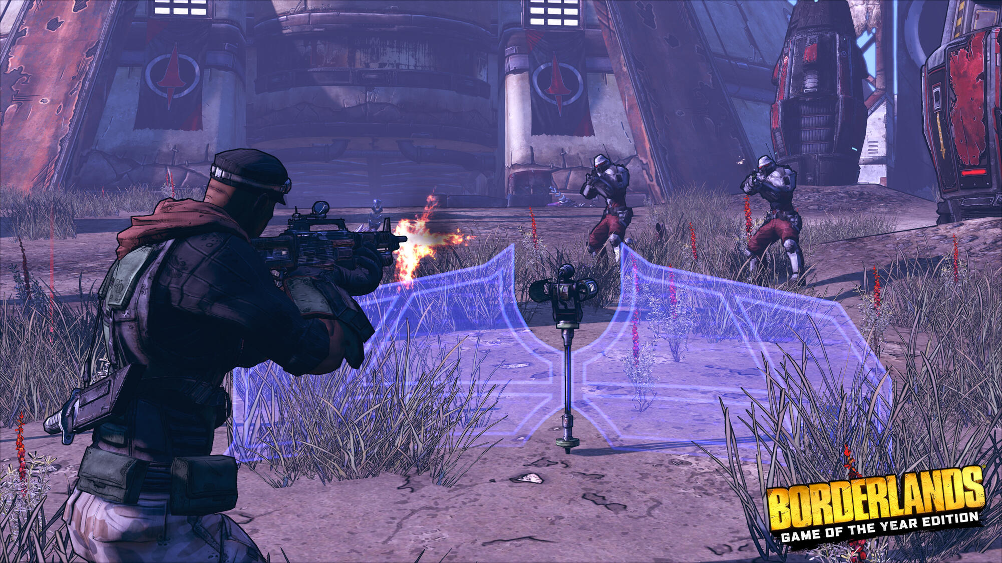 Soldato con una pistola, combatte con altri soldati. Gioco Borderlands.