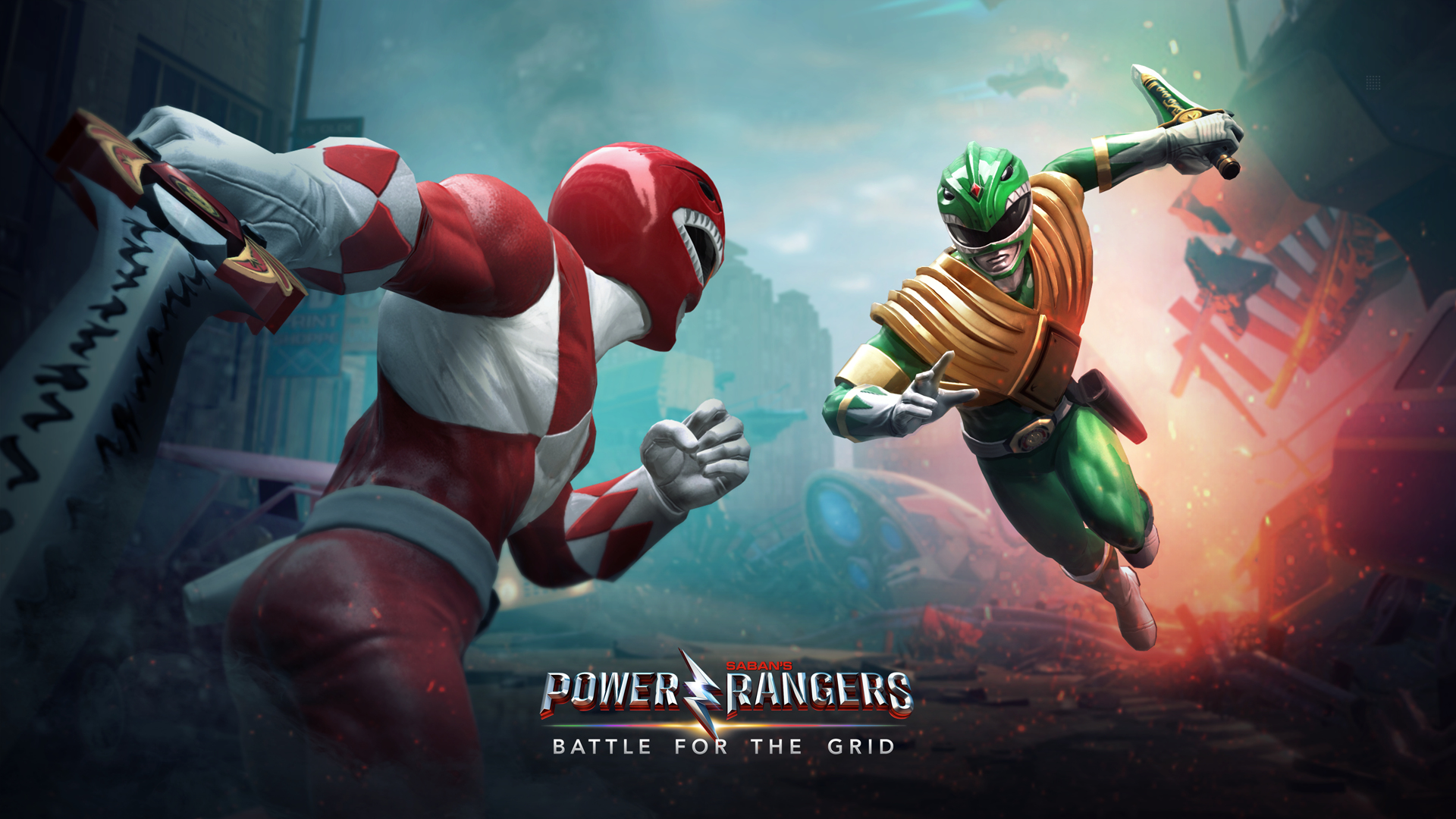 Il Ranger Rosso combatte il Ranger Verde. Gioco Power Rangers Battle for the Grid. Sfondo della città.