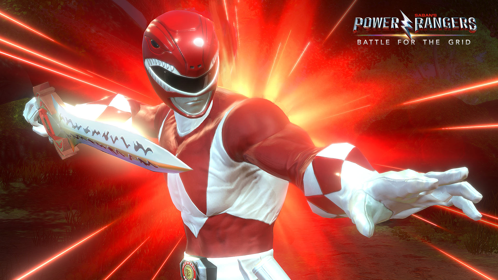 Il Power Ranger Rosso, con una lama, circondato da raggi energetici.