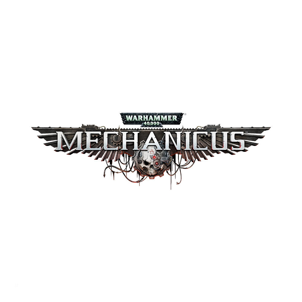 Logo Warhammer 40,000: Mechanicus z czaszką i skrzydłami na białym tle.