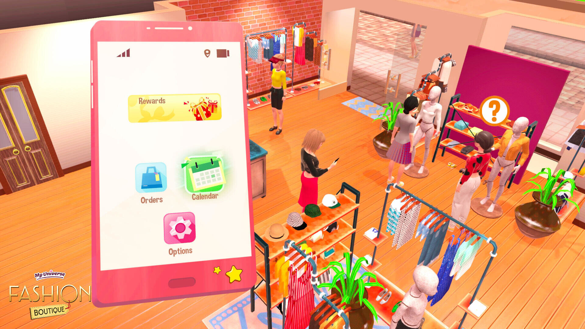 Telefon wyświetlający aplikację butiku mody z opcjami nagród, zamówień i kalendarza.