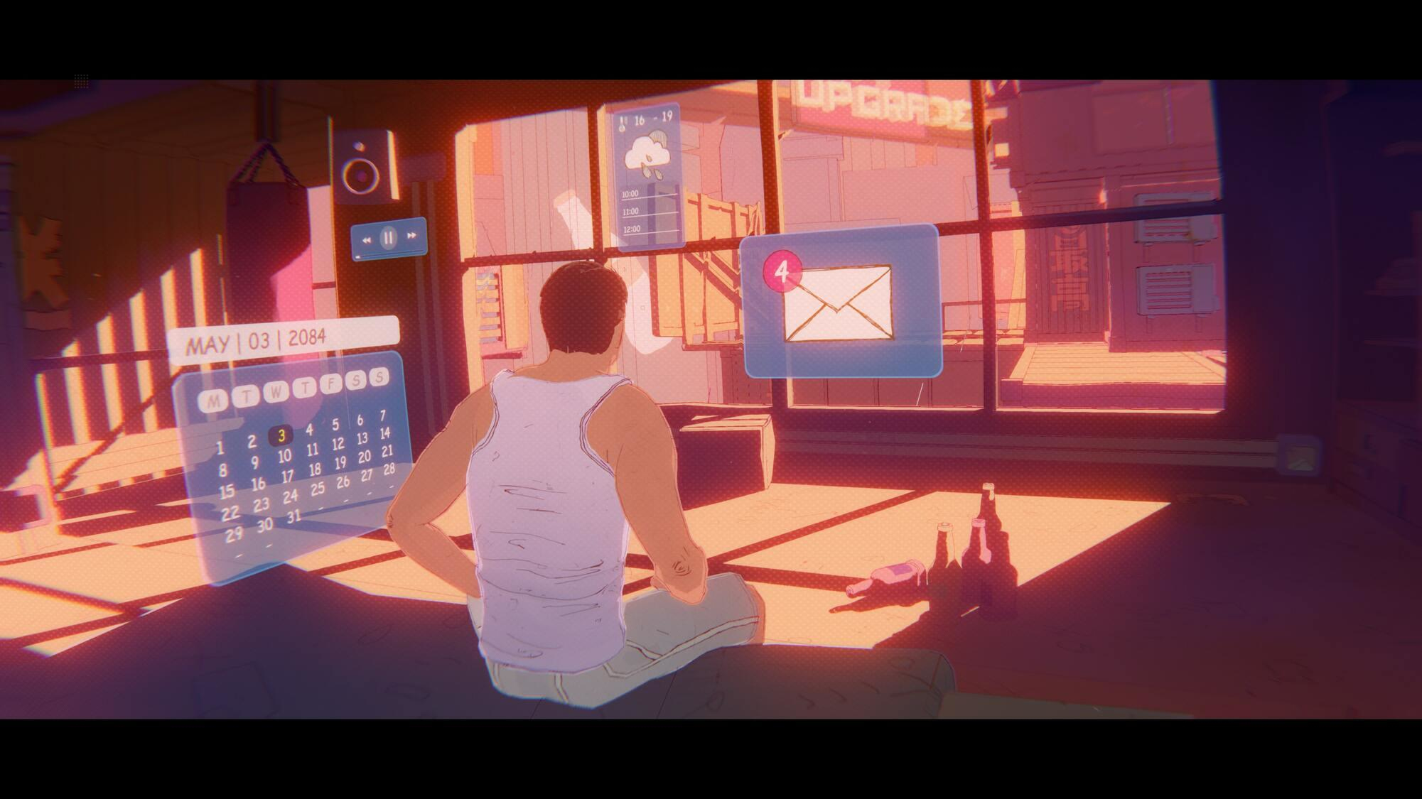 Un hombre en camiseta de tirantes mirando el calendario y la aplicación de correo en una pantalla transparente, cerca de una ventana.
