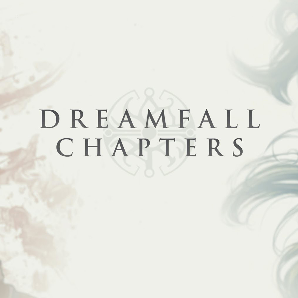 Logo Dreamfall Chapters białą czcionką na jasnym tle z abstrakcyjnymi pociągnięciami akwareli.