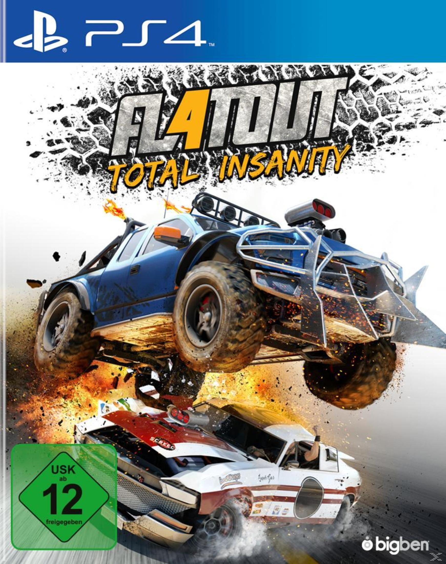 Gamecover van 'FlatOut 4: Total Insanity'. Twee auto's crashen in de lucht.