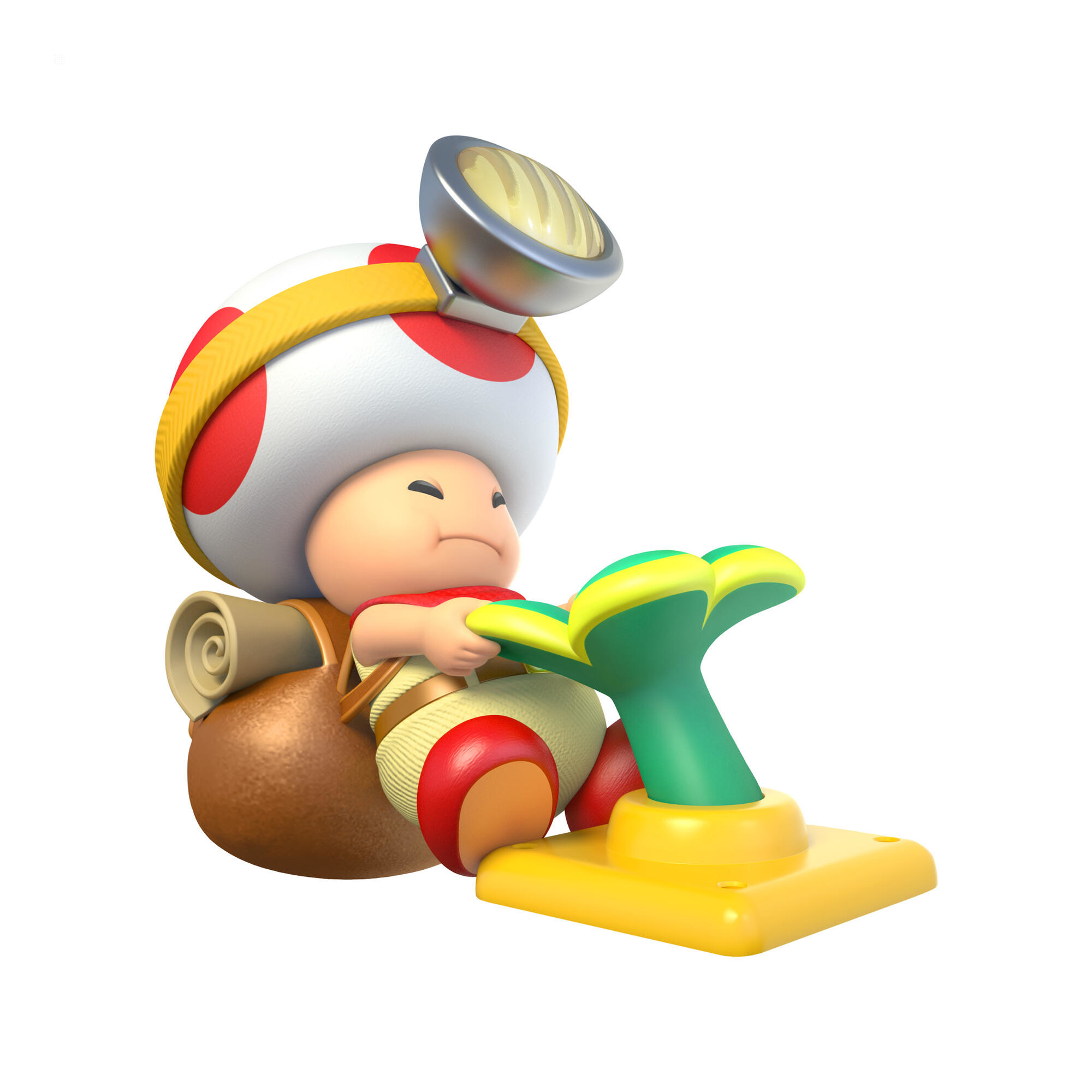 Personaggio Toad con equipaggiamento da minatore, guida un veicolo con base gialla e comandi verdi, sfondo bianco.