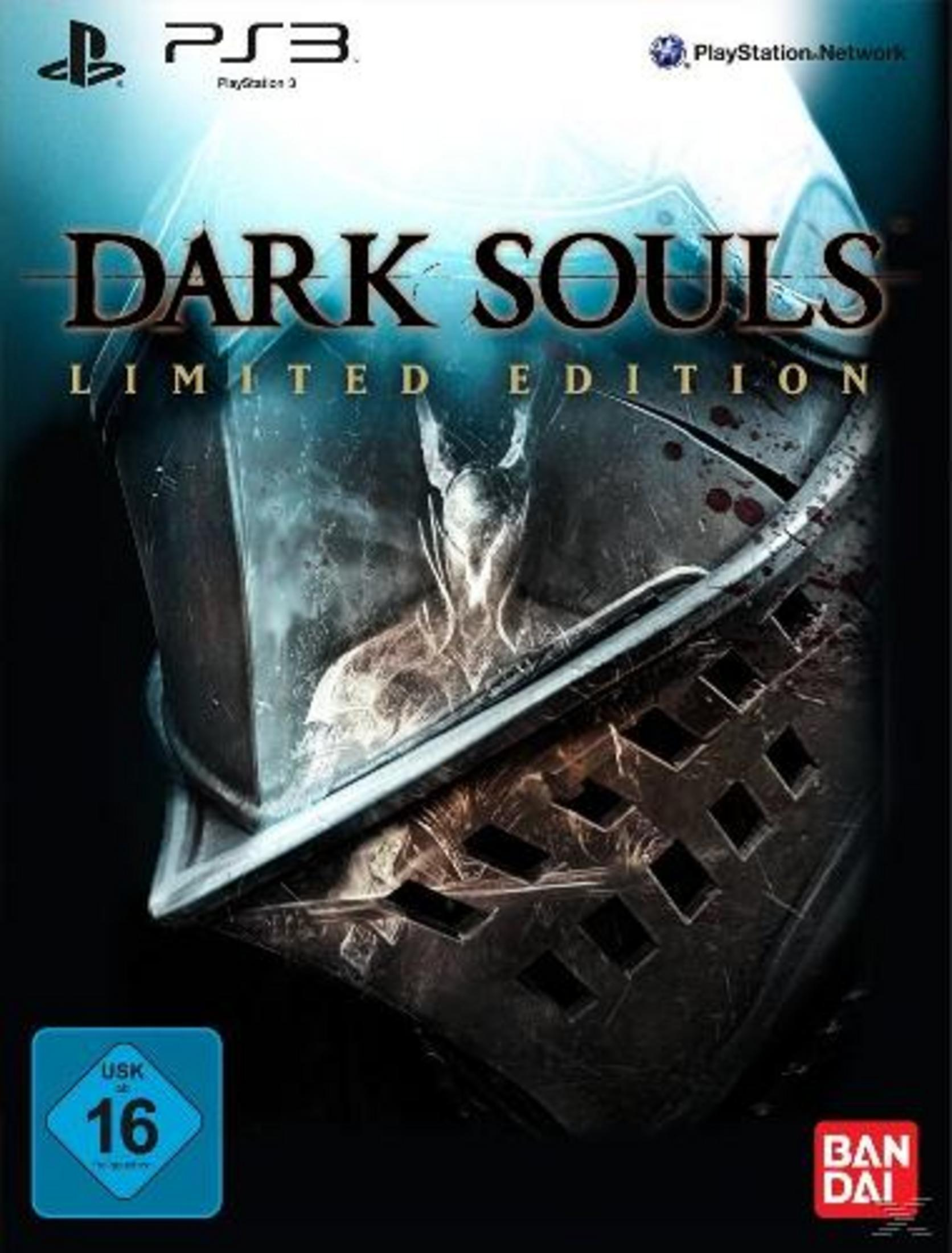 Dark Souls Limited Edition Spiel-Cover, Nahaufnahme eines Ritterhelms, PS3-Logo, USK 16-Rating.