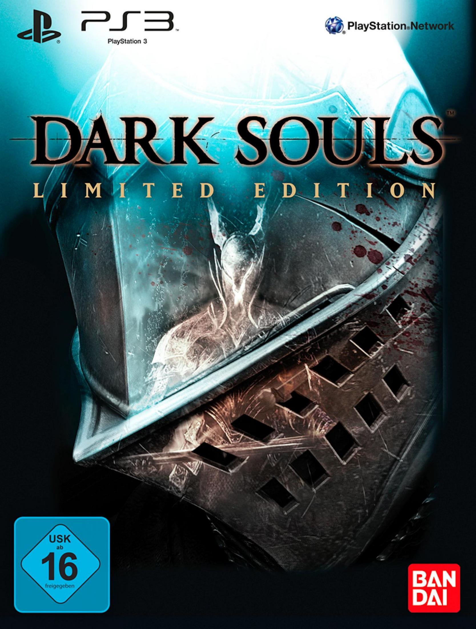 Dark Souls Limited Edition Spiel-Cover, Nahaufnahme eines Ritterhelms, PS3-Logo, USK 16-Rating.