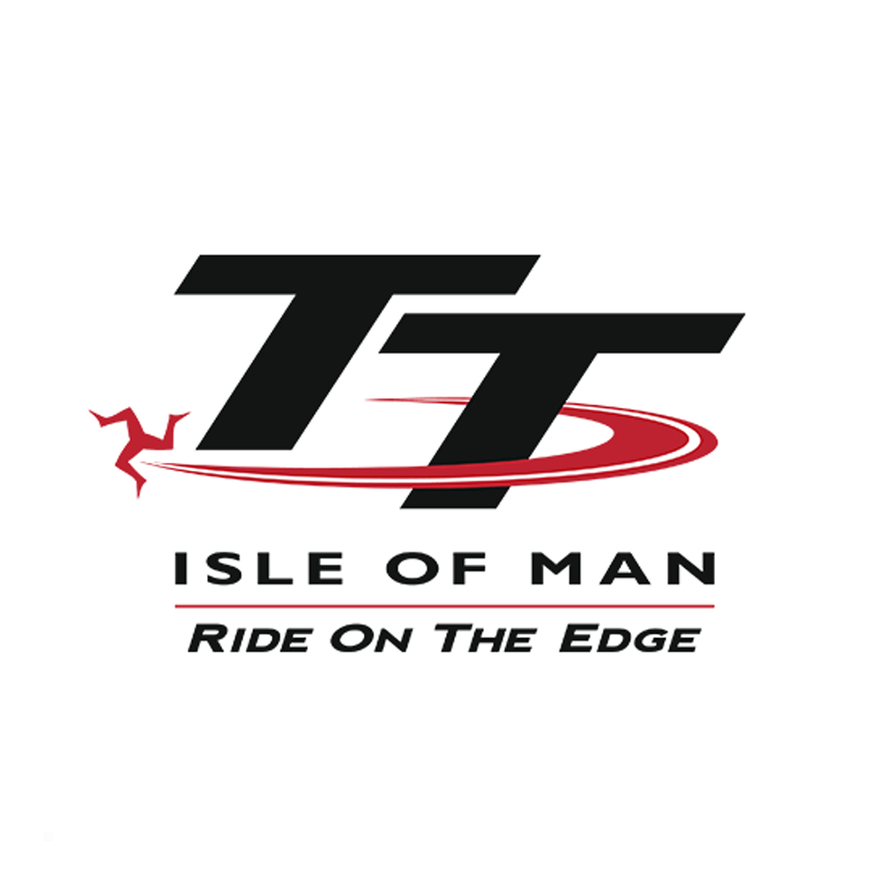 Logo TT nero con accenti rossi, Isola di Man e testo 'Ride On The Edge' su sfondo bianco.