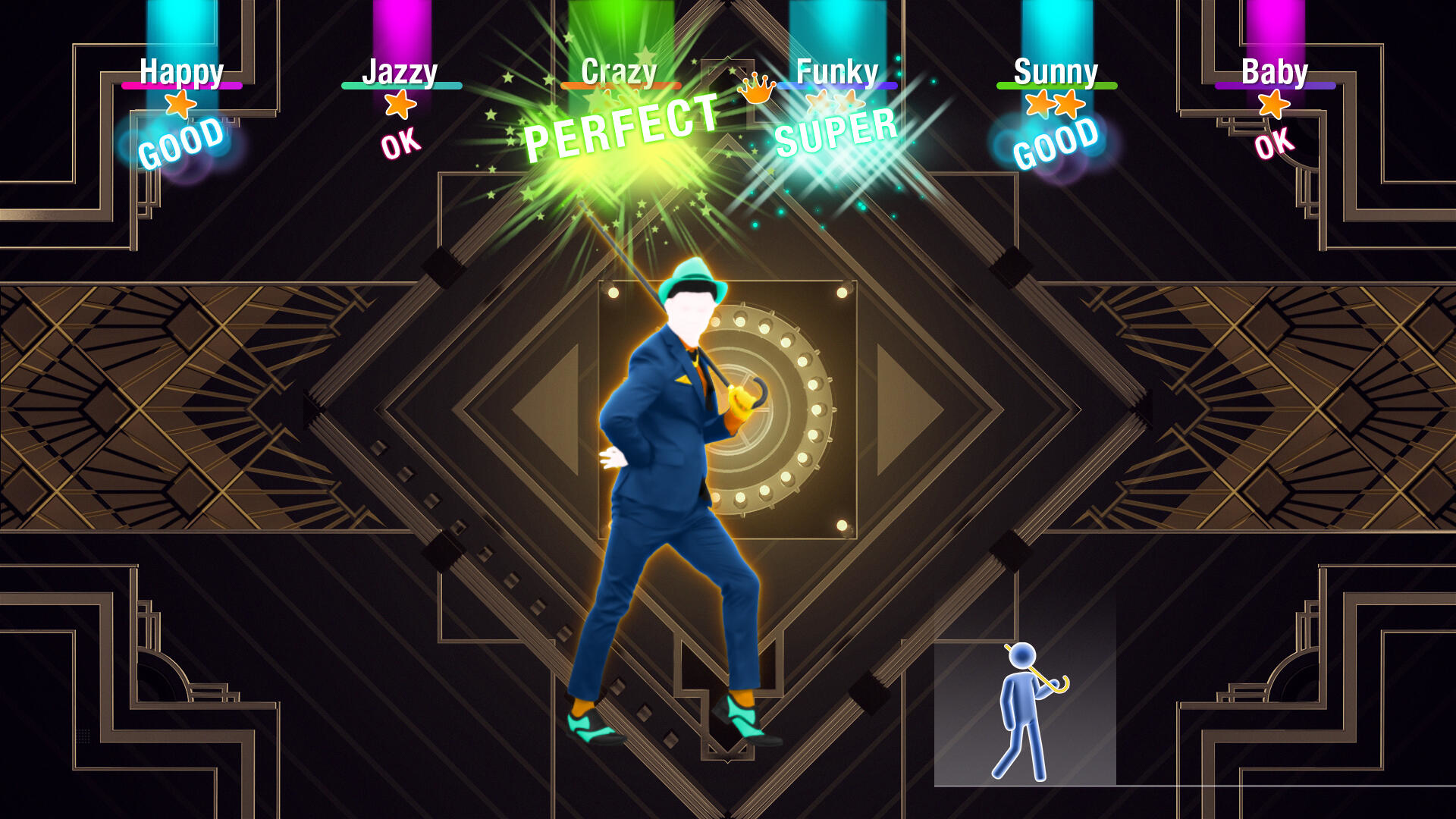 Ekran gry Just Dance, mężczyzna w garniturze tańczy z wskaźnikami wyników. Tło w stylu Art Deco.
