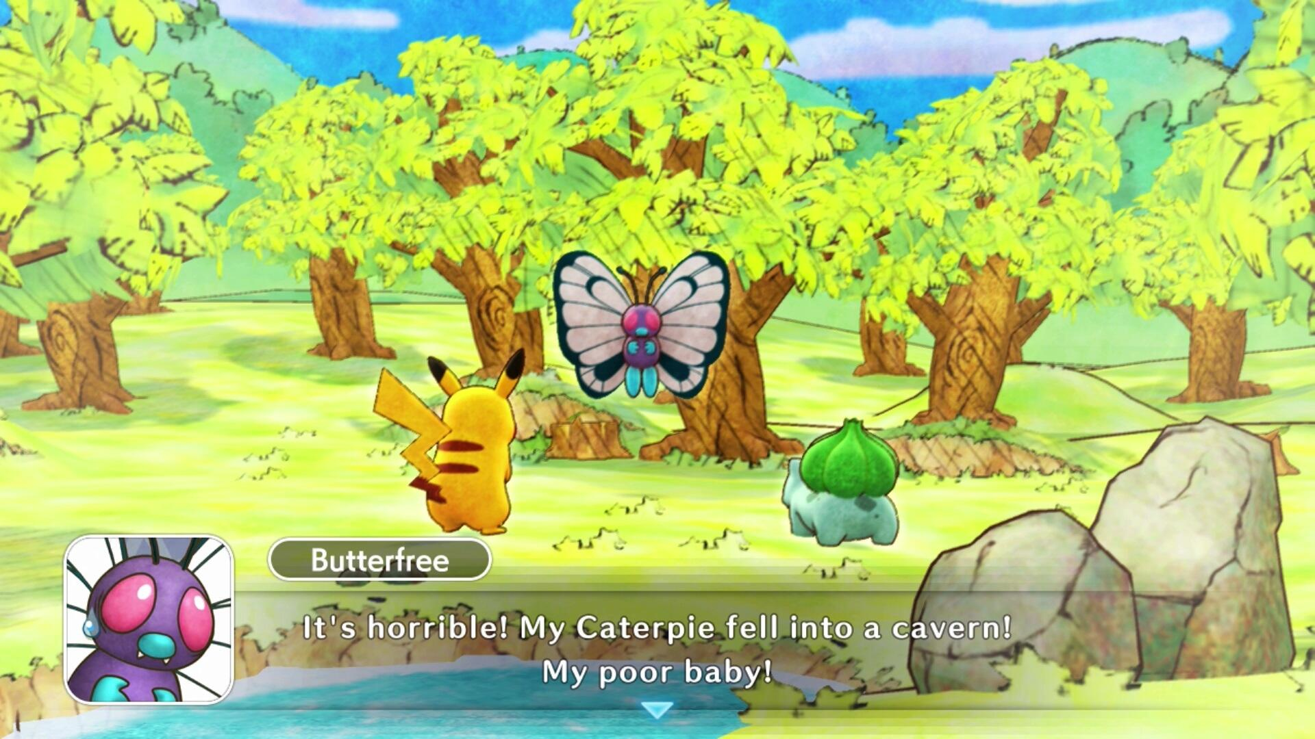 Scena z Pokemonami: Pikachu, Bulbasaur i Butterfree. Pole tekstowe z dialogiem w kolorowym lesie.