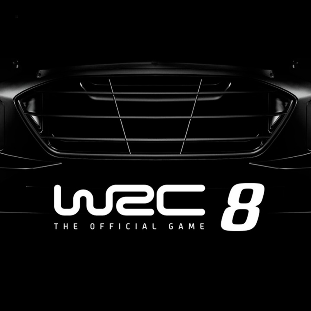 Okładka gry WRC 8 z widokiem z przodu czarnego samochodu i logo WRC 8.