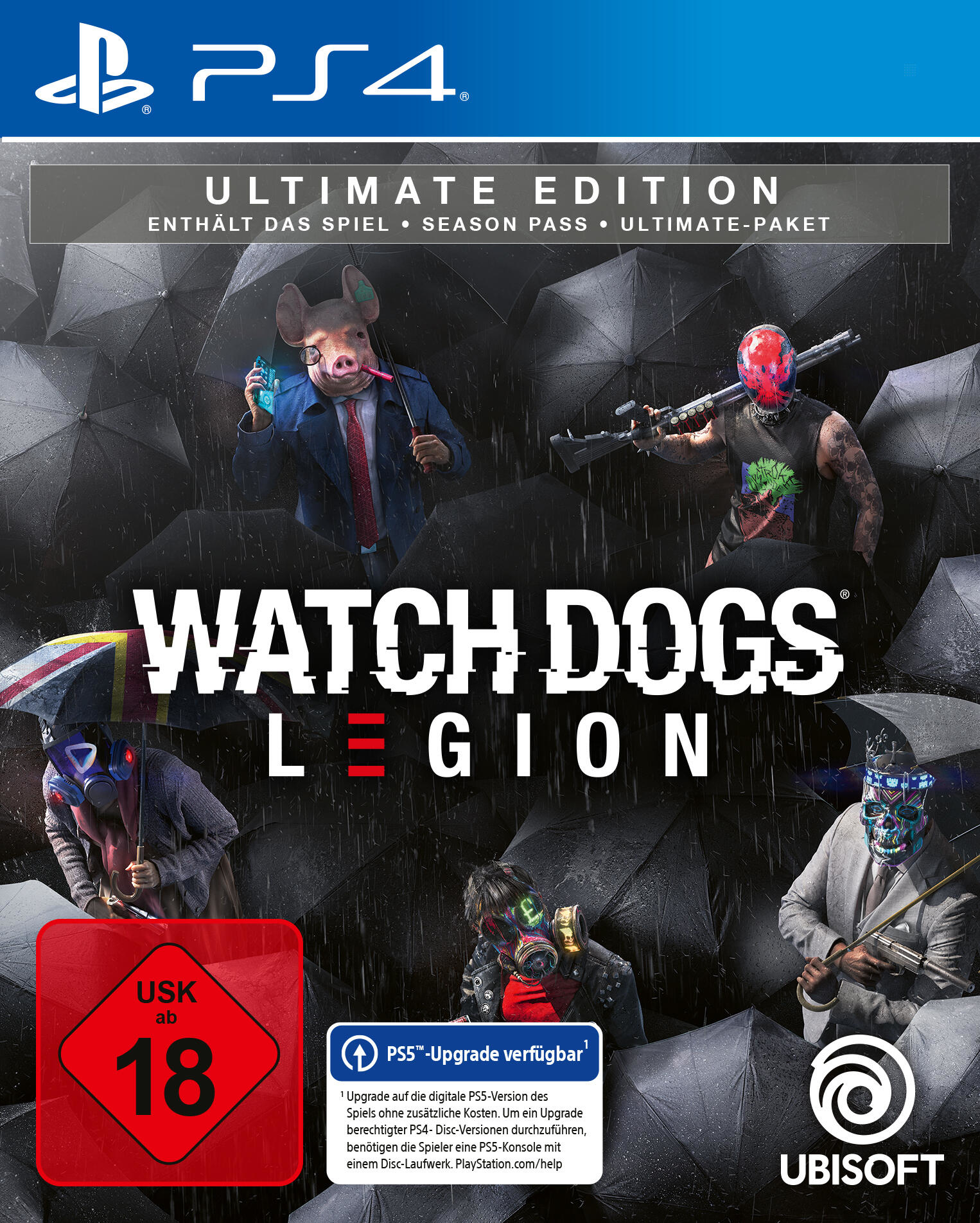 Okładka gry Watch Dogs Legion Ultimate Edition. Przedstawia zamaskowane postacie w deszczowej scenerii na obudowie PS4.