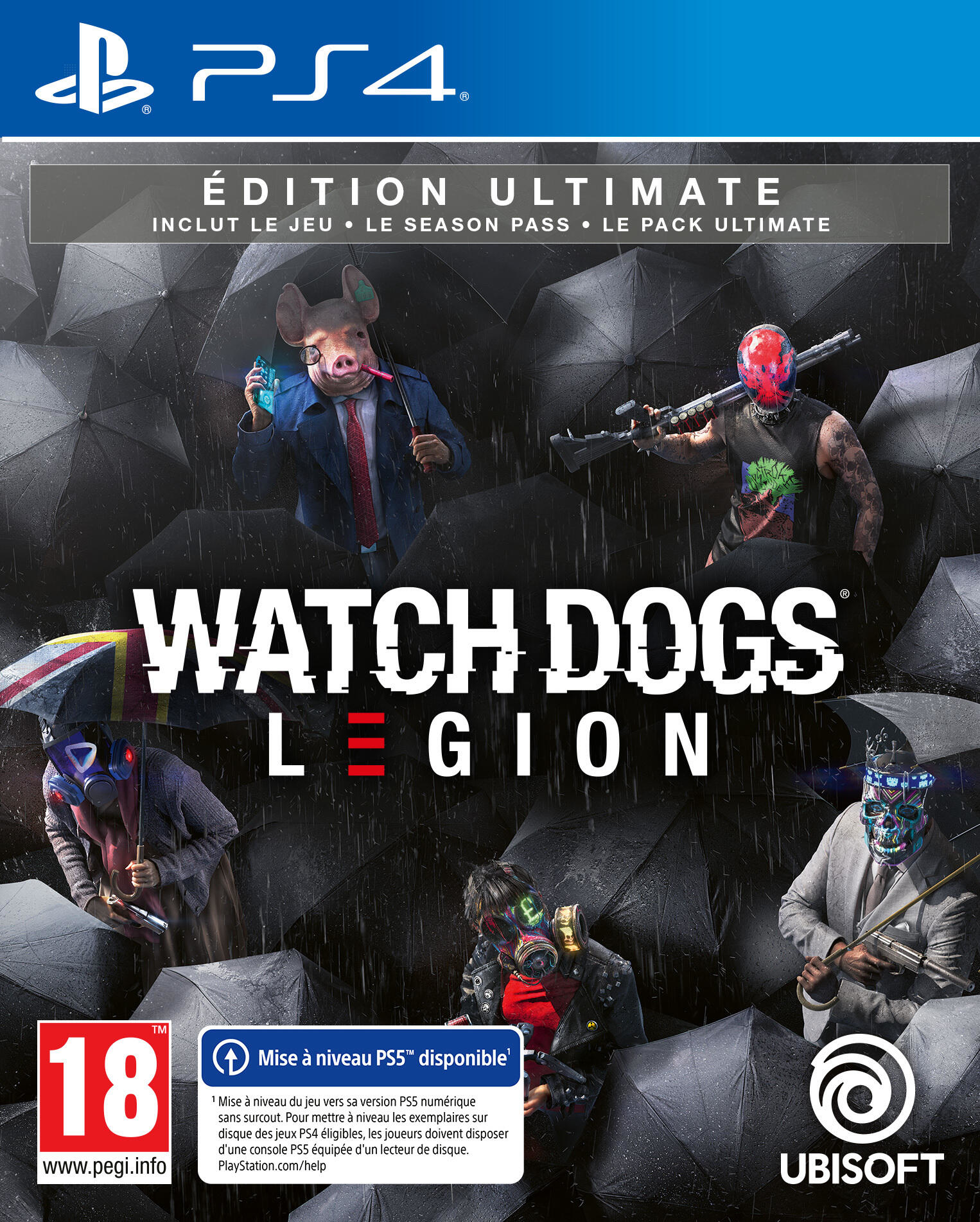 Okładka gry Watch Dogs Legion. Kilka postaci w maskach pod parasolami na ciemnym tle.