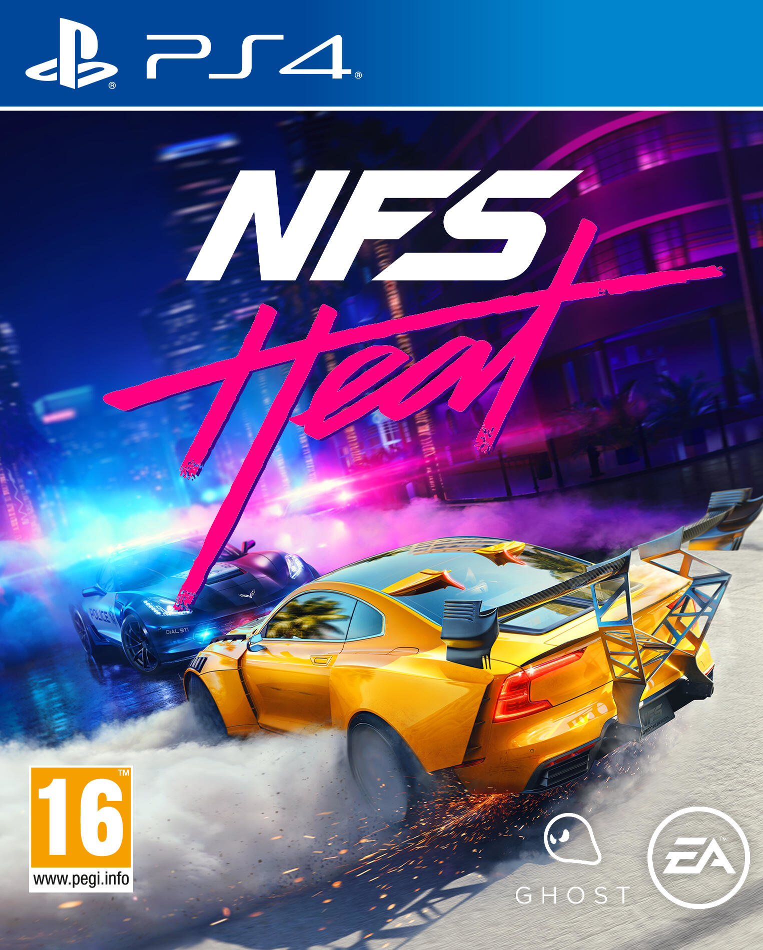 Okładka gry NFS Heat. Przedstawia żółty samochód sportowy ścigany przez radiowóz w neonowym mieście na obudowie PS4.