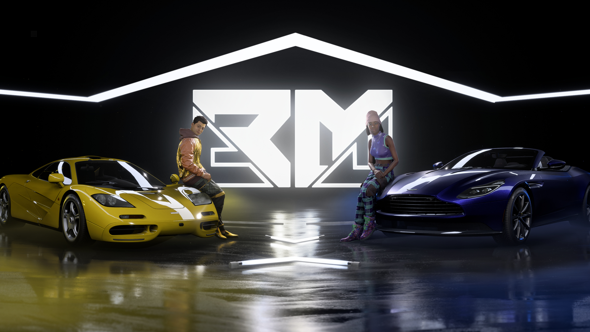 Dwie osoby obok samochodów sportowych. Żółty McLaren i niebieski Aston Martin. Czarne tło studia.