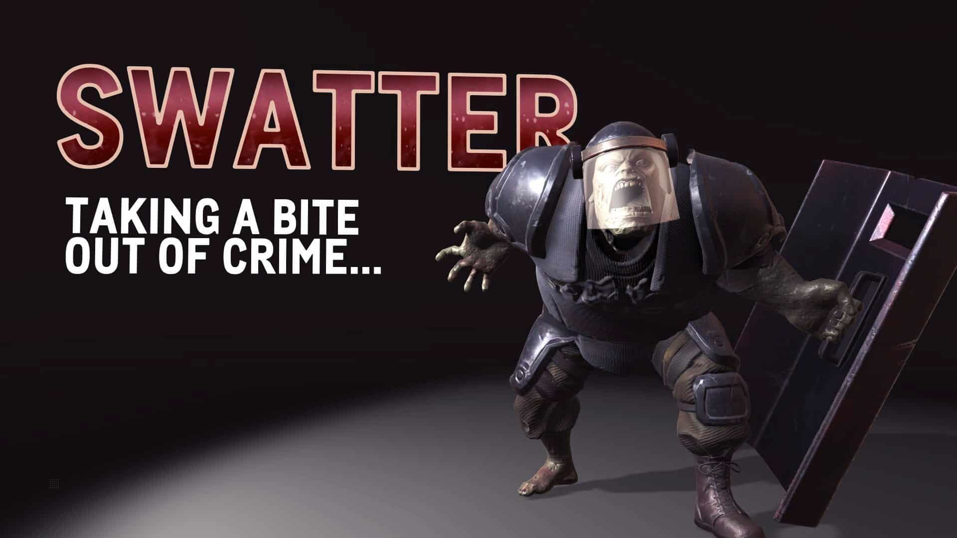 Mężczyzna w zbroi trzyma tarczę z napisem 'SWATTER' i 'TAKING A BITE OUT OF CRIME' na ciemnym tle.