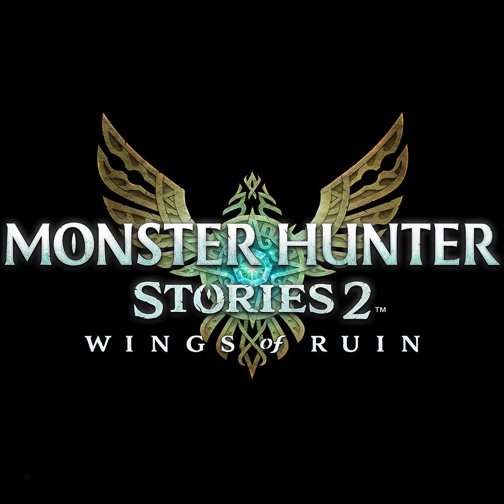 Logo Monster Hunter Stories 2 ze złotym motywem skrzydeł na czarnym tle. Tekst brzmi Wings of Ruin.