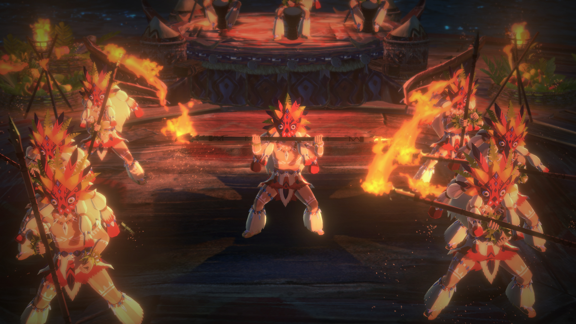 Postacie w maskach z pochodniami stoją w okręgu. Płomienie i ogień oświetlają scenę.