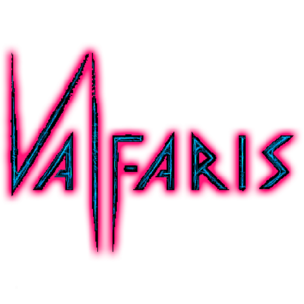 Il logo di Valfaris in blu e rosa. Il testo è scritto in un font stilizzato con angoli acuti.