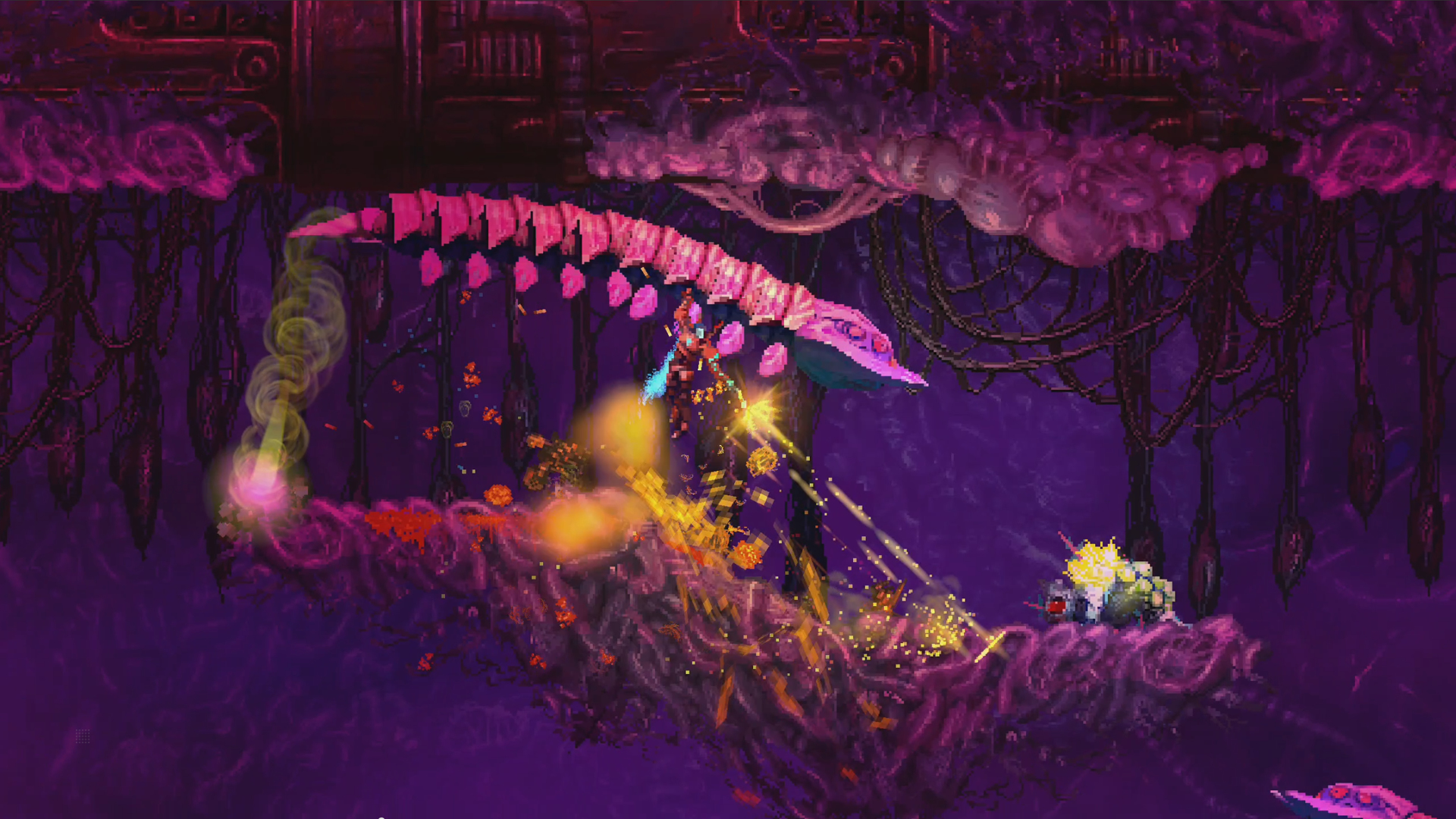 Scena pixel art: Personaggio su una creatura volante combatte nemici in una grotta viola.